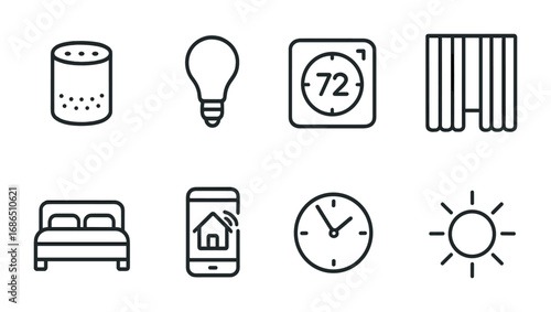 Smart Home Icons. Outline icon set of smart home morning setup: smart speaker, light bulb, thermostat, curtain