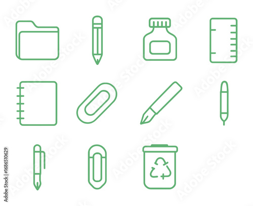 Eco-Friendly Office Icons. Outline icon set of green office supplies: paper folder, wooden pencil, refill ink,