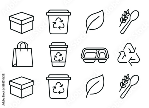 Biodegradable Packaging Icons. Outline icon set of biodegradable packaging: paper box, compost bin, leaf