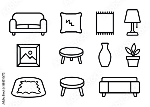Cozy Living Room Icons. Outline icon set of cozy living rooms: sofa, throw pillow, rug, table lamp, framed