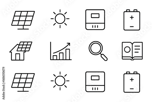 Solar Energy Icons. Outline icon set of solar energy studies: solar panel, sun, inverter, battery, rooftop,
