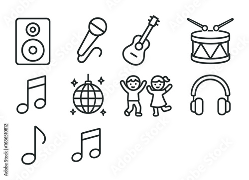 Music Dance Icon Set. Outline icon set of music and dance fun: speaker, microphone, guitar, drum, music note,