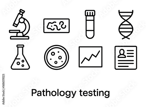 Pathology Testing Icons. Outline icon set of pathology testing: microscope, tissue sample, vial, DNA strand,