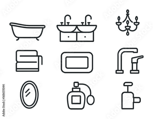 Luxury Bathroom Icons. Outline icon set of luxury bathrooms: freestanding bathtub, double sink, chandelier,
