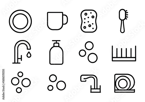 Dishwashing Icon Set. Outline icon set of washing dishes: plate, cup, sponge, dish brush, faucet, soap bottle,
