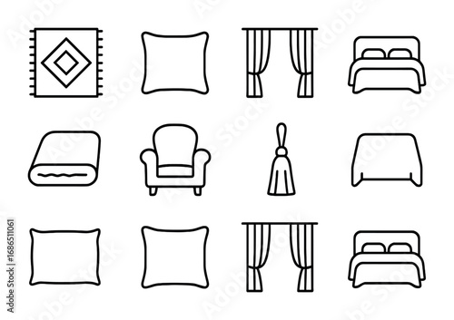 Premium Textiles Icon Set. Outline icon set of premium textiles: rug, throw pillow, curtain, bedspread,