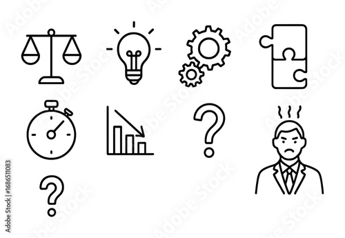 Decision-Making Icon Set. Outline icon set of decision making under pressure: scale, light bulb, gears, puzzle