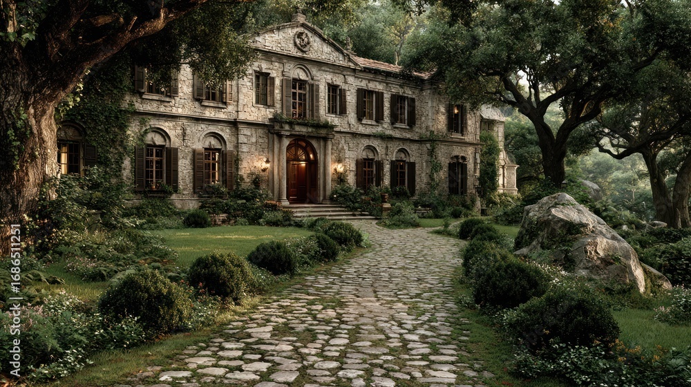 Fototapeta premium Rustic stone mansion in a lush garden