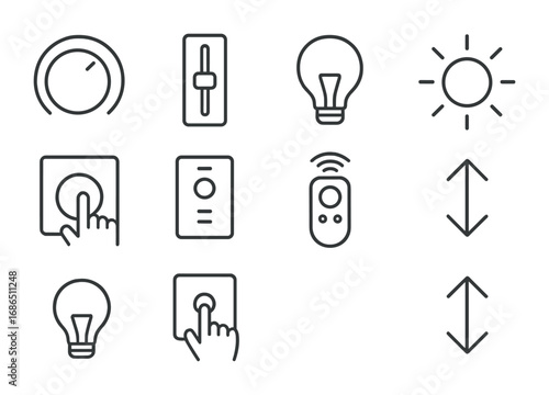 Light Dimming Icons. Outline icon set of light dimming controls: dimmer knob, slider switch, light bulb,