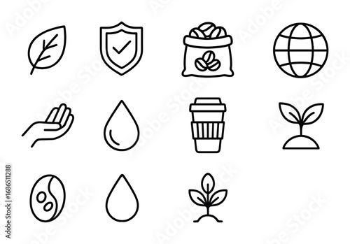 Sustainable Coffee Icons. Outline icon set of sustainable coffee: leaf, fair-trade badge, sack of beans, globe