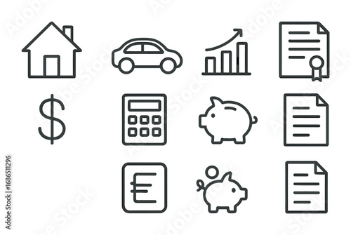 Investment Icons Grid. Outline icon set of long-term investments: house, car, chart, contract, dollar sign,