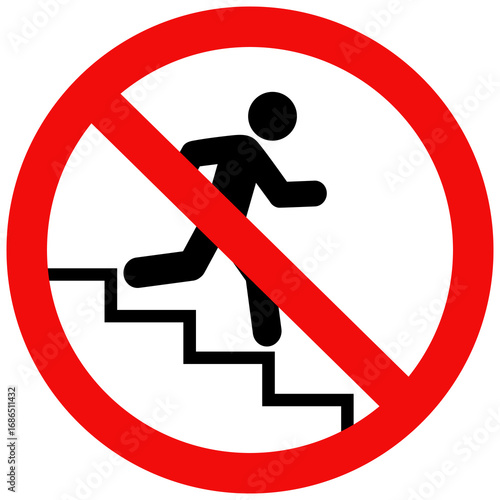Do not run down the stairs, person running down stairs, prohibition sign, running on stairs is not allowed. Flat vector illustration design.