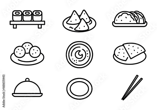 Cultural Food Icons. Outline icon set of cultural food platters: sushi rolls, samosas, tacos, falafel, hummus