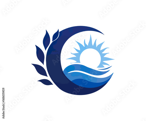 Abstract blue sun moon waves graphic