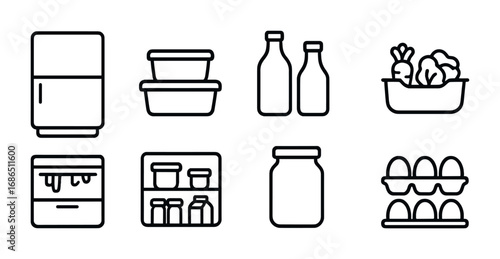 Fridge Organization Icons. Outline icon set of fridge organization: closed fridge, containers, bottles,