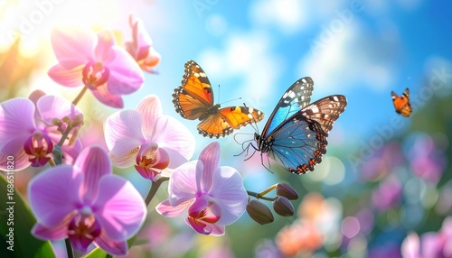 Colorful Butterflies Fluttering Above Vibrant Orchid Flowers in Bloom