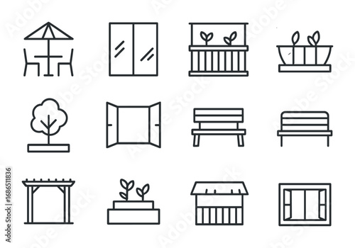 Outdoor Icon Set. Outline icon set of outdoor integration: patio, glass wall, balcony with plants, courtyard
