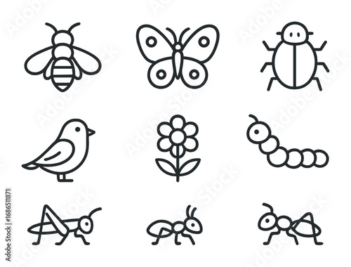 Biodiversity Icon Grid. Outline icon set of biodiversity in fields: bee, butterfly, beetle, bird, flower,