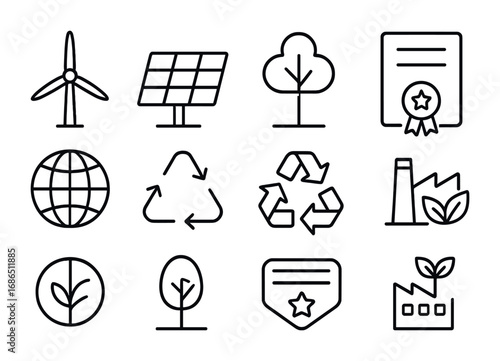 Sustainable Energy Icons. Outline icon set of carbon offset projects: wind turbine, solar panel, reforestation