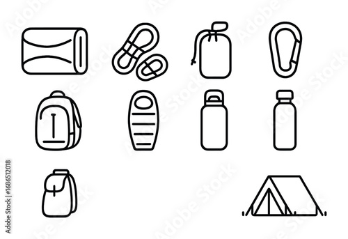 Hammock Travel Gear Icons. Outline icon set of hammock travel gear: folded hammock, straps, pouch, carabiner,