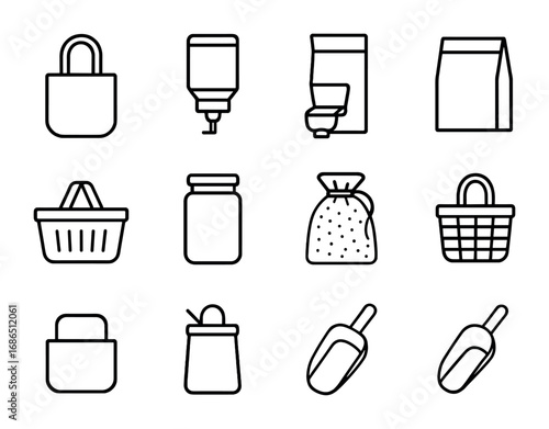 Sustainable Shopping Icons. Outline icon set of sustainable grocery shopping: cloth tote, refill station, bulk