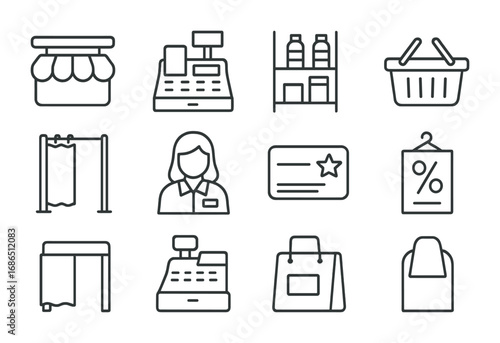 Retail Icon Set. Outline icon set of brick-and-mortar store adaptation: shop sign, cash register, shelf