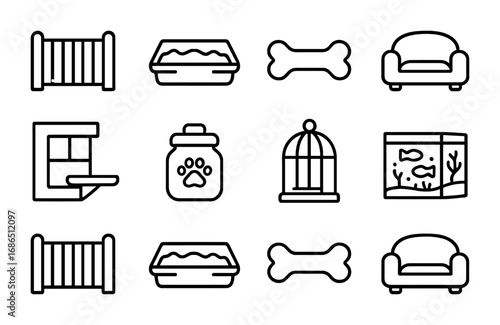 Pet Space Icons. Outline icon set of pet spaces in the home: pet gate, litter box, chew toy, pet sofa, window