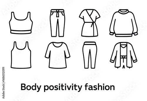 Body Positivity Icons. Outline icon set of body positivity fashion: crop top, high-waist jeans, wrap dress,