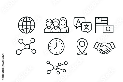 International Study Icons. Outline icon set of international study groups: globe, multicultural avatars, chat