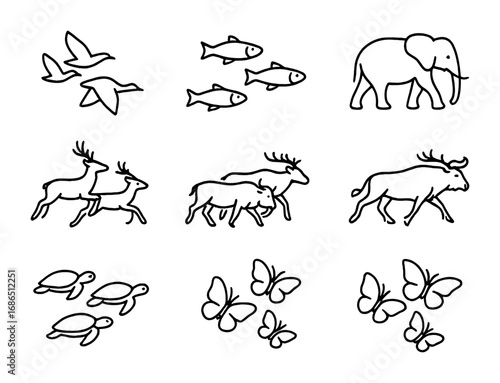 Animal Migration Icons. Outline icon set of animal migration: flying birds, swimming fish, walking elephants,