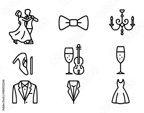 European Ballroom Dance Icons. Outline icon set of European ballroom dance: waltz couple, bow tie, ballroom