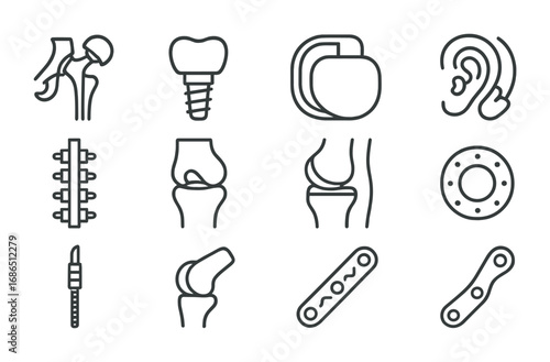 Medical Implants Icons. Outline icon set of medical implants: hip joint implant, dental implant, pacemaker,