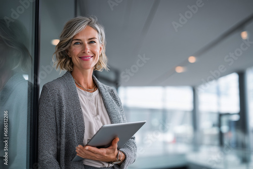 A confident mature businesswoman with curly hair and glasses holding a tablet, standing in a modern office environment with natural light Free Download A confident mature businesswoman with curly hair and glasses holding a tablet, standing in a modern office environment with natural light - GFXLoad