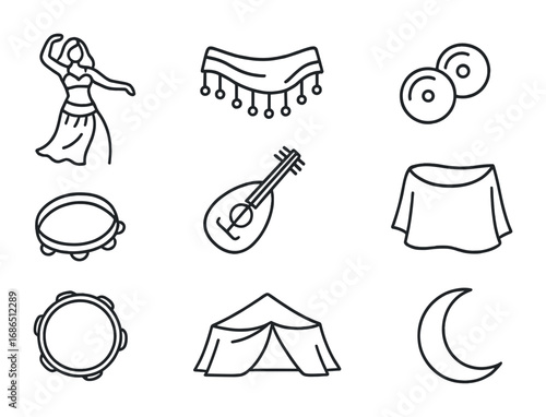 Middle Eastern Dance Icons. Outline icon set of Middle Eastern dance: belly dancer, hip scarf, finger cymbals,