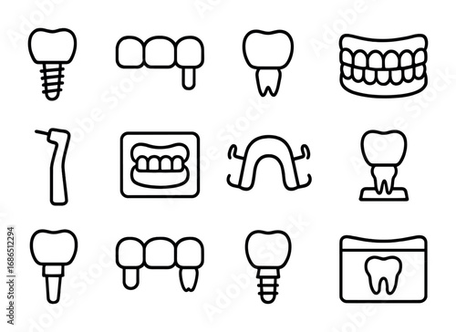 Dental Tools Icon Set. Outline icon set of dental prosthetics: dental implant, bridge, crown, dentures, dental