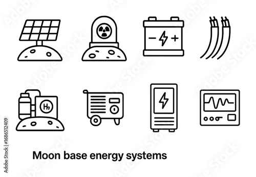 Moon Base Energy Icons. Outline icon set of Moon base energy systems: solar array, nuclear reactor, battery