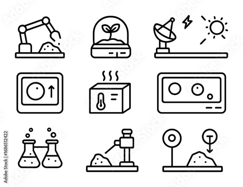 Moon Base Experiments Icons. Outline icon set of Moon base scientific experiments: rock sample analysis, plant