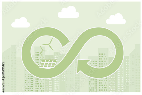 Circular economy concept, global with circular economy icon, wind turbines and solar panel. Sustainable strategy of eliminate waste, renewable and reuse natural resources vector illustration