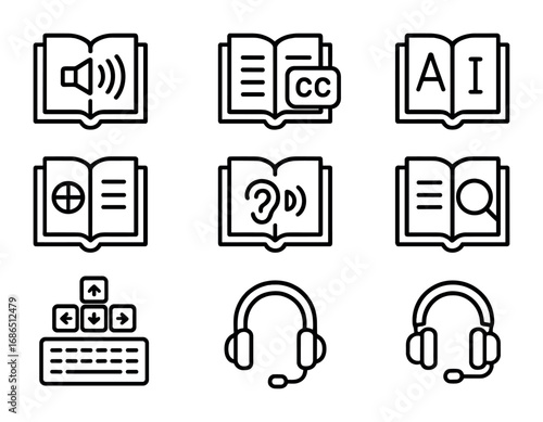 Icon Set_ Accessibility Features. Outline icon set of Interactive textbook accessibility features: