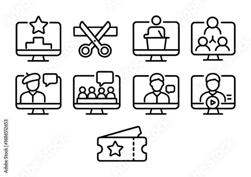 Virtual Event Icons. Outline icon set of Virtual events: opening ceremony, ribbon cutting, keynote speech,