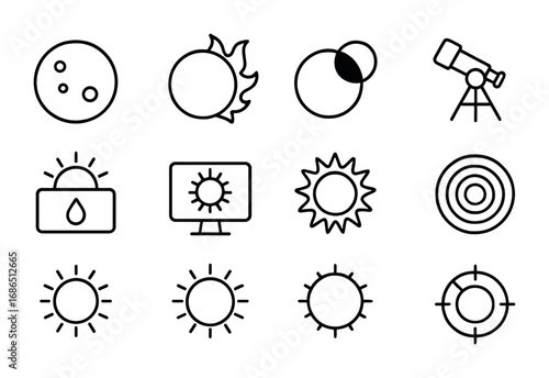 Solar Observation Icons. Outline icon set of Solar observation: sunspots, solar flares, solar eclipse, solar