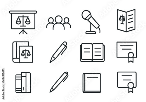 Legal Aid Icon Set. Outline icon set of Legal aid workshops: presentation board, attendees, microphone,