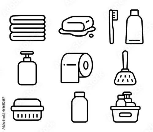 Bathroom Icon Set. Outline icon set of Bathroom supplies management: towels, soap, toothbrush, toothpaste,