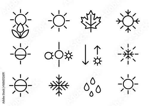 Seasons Icon Set. Outline icon set of Seasons influenced by the sun: spring bloom, summer heat, autumn leaves,