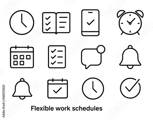 Flexible Work Icons. Outline icon set of Flexible work schedules: clock, planner, smartphone, alarm, calendar,