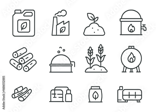 Biomass Energy Icons. Outline icon set of Biomass energy: biofuel, biomass plant, compost, biogas, wood