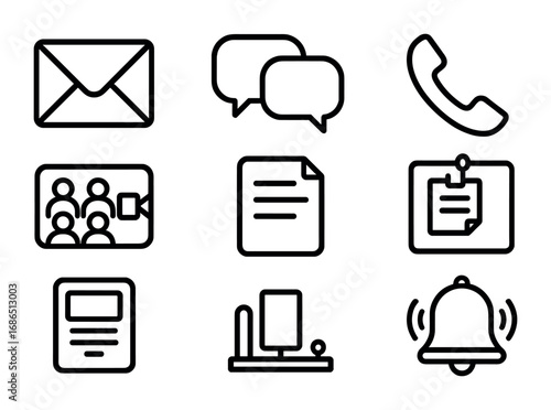 Office Communication Icons. Outline icon set of Office communication: email, chat app, phone call, video