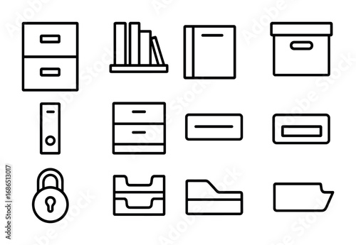 Office Storage Icons. xOutline icon set of Office storage and organization: filing cabinet, bookshelf, storage