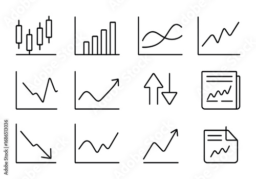 Stock Market Icons. Outline icon set of Stock market fluctuations: candlestick chart, volume bars, moving