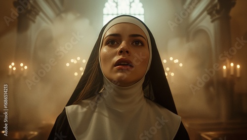 A dramatic, cinematic horror scene of a young nun looking up in fear or awe inside a dark, smoky church filled with the light of candles